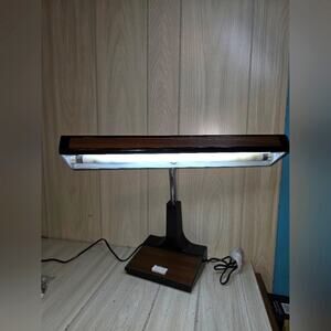 Vtg 70s MCM Faux Wood Gooseneck Bankers Lamp Retro Fluorescent Desk Lamp
